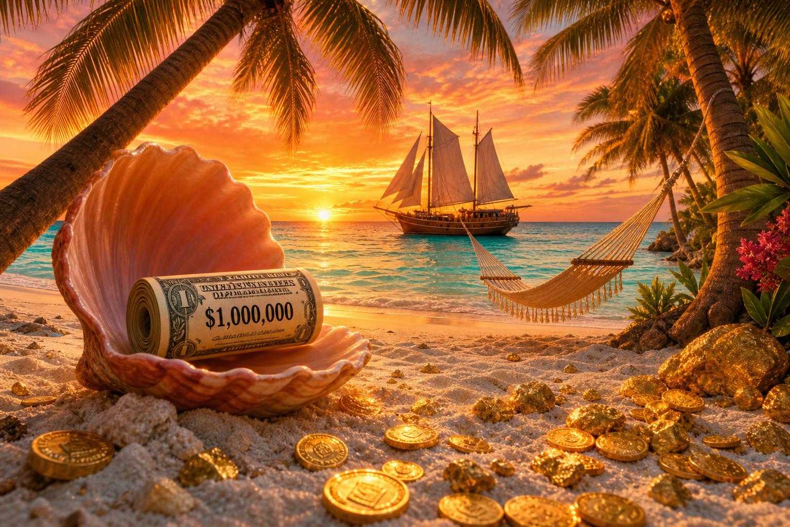 Caribbean sanctuary at golden hour — turquoise sea, palm hammock, gold coins in the sand